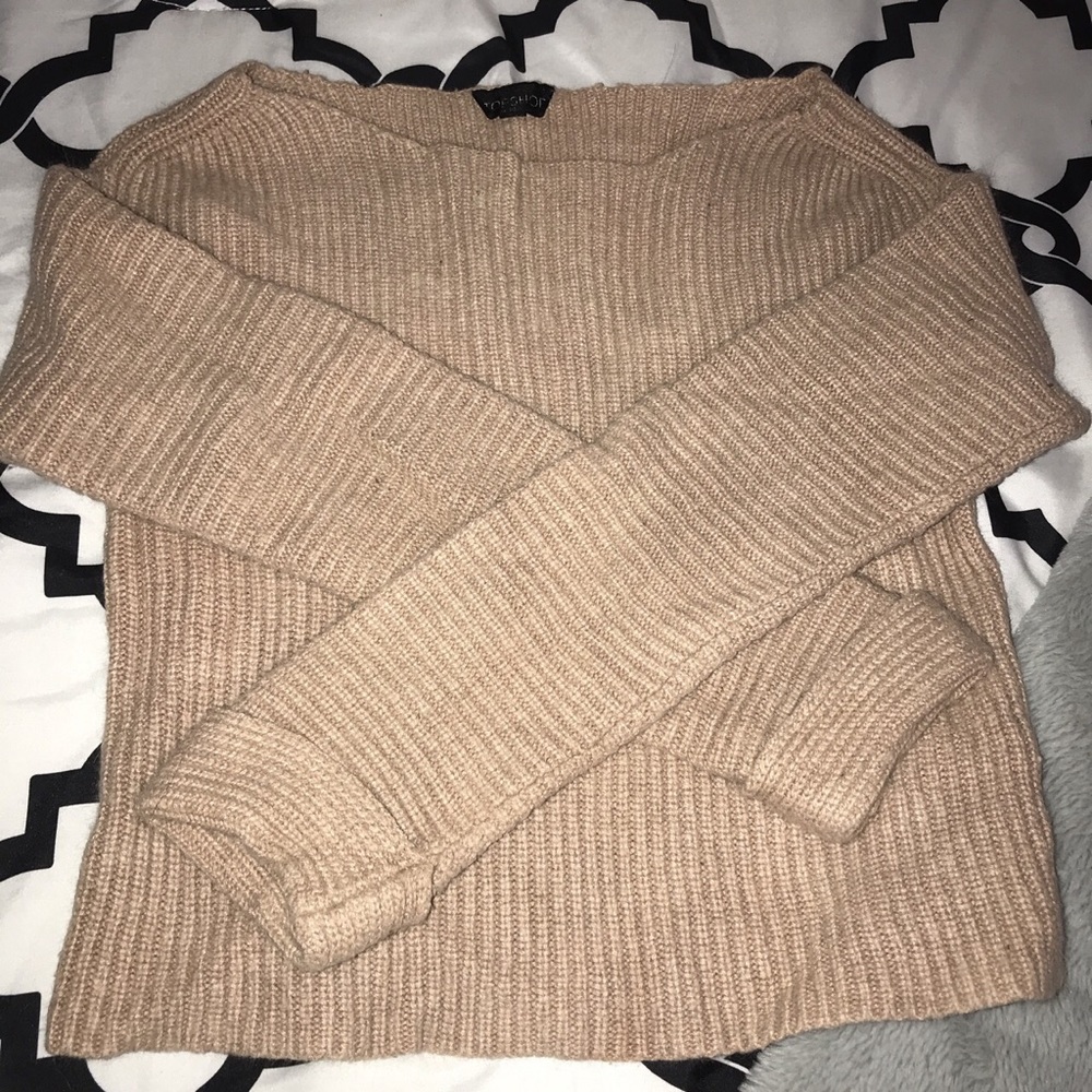 Tan, wide neck sweater